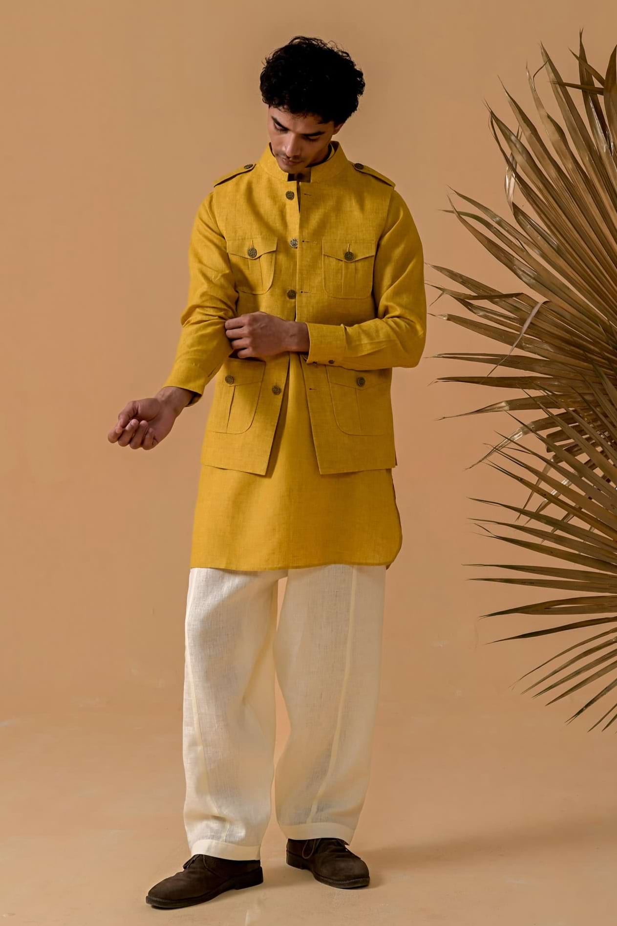 Jashn-e-Vogue Mustard Linen Waistcoat