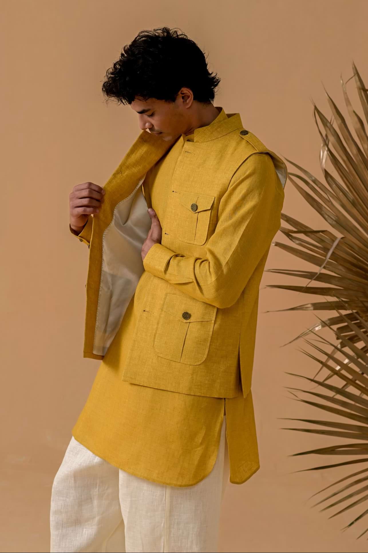 Jashn-e-Vogue Mustard Linen Waistcoat