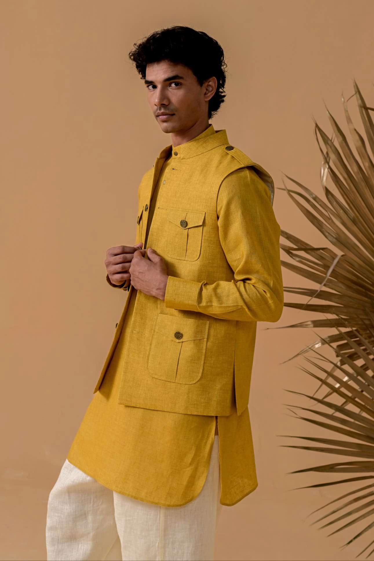 Jashn-e-Vogue Mustard Linen Waistcoat
