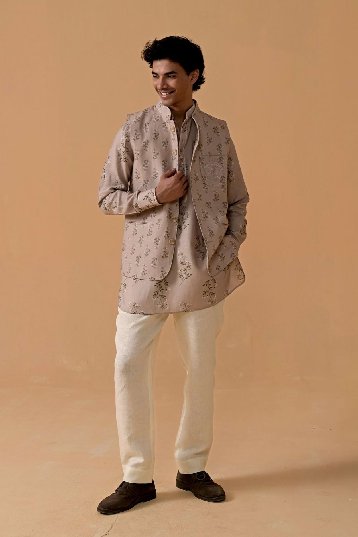 Mirza Mode Ivory Floral Linen Waistcoat