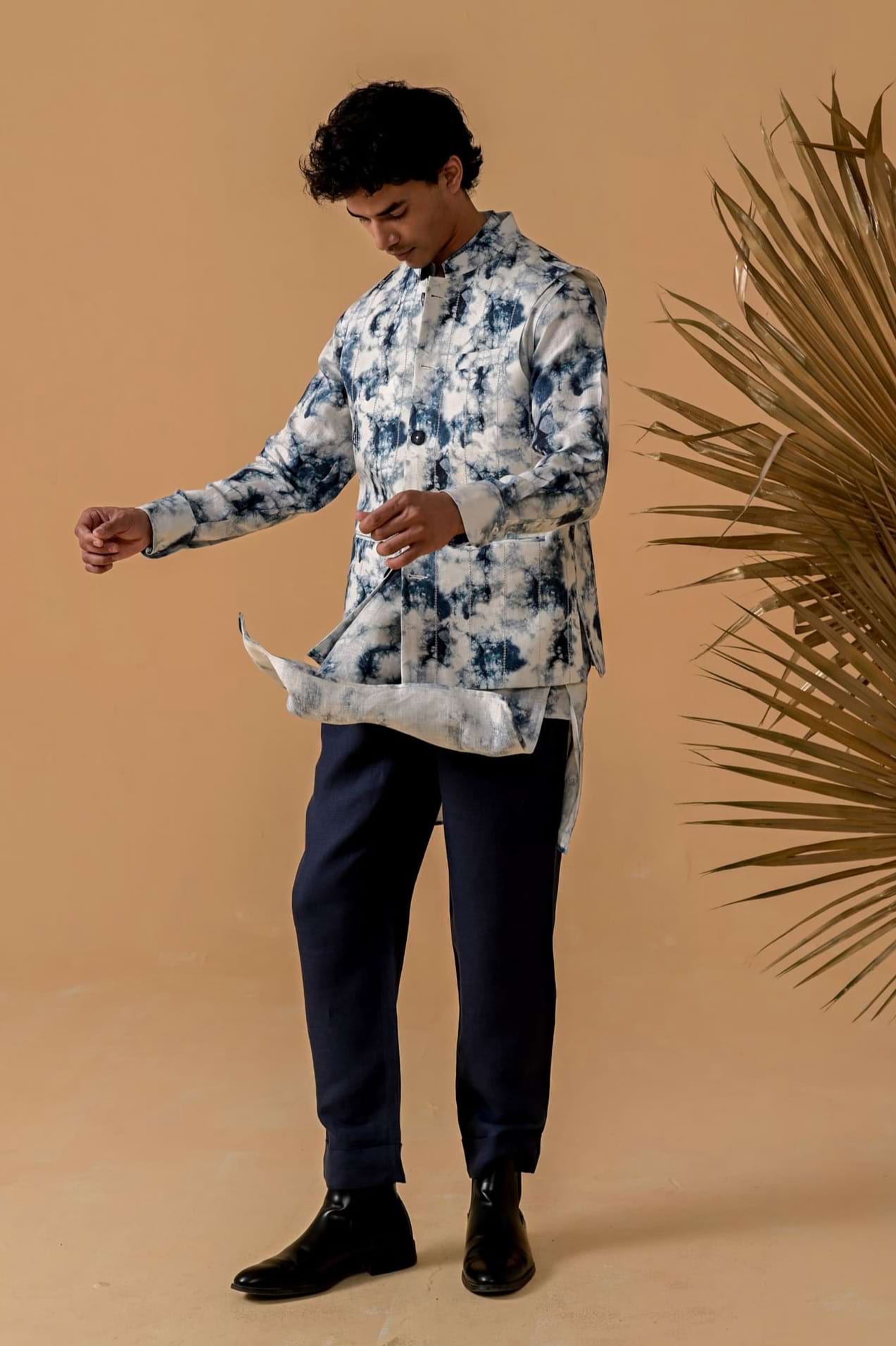 Nawaab Moves Blue Shibori Linen Waistcoat