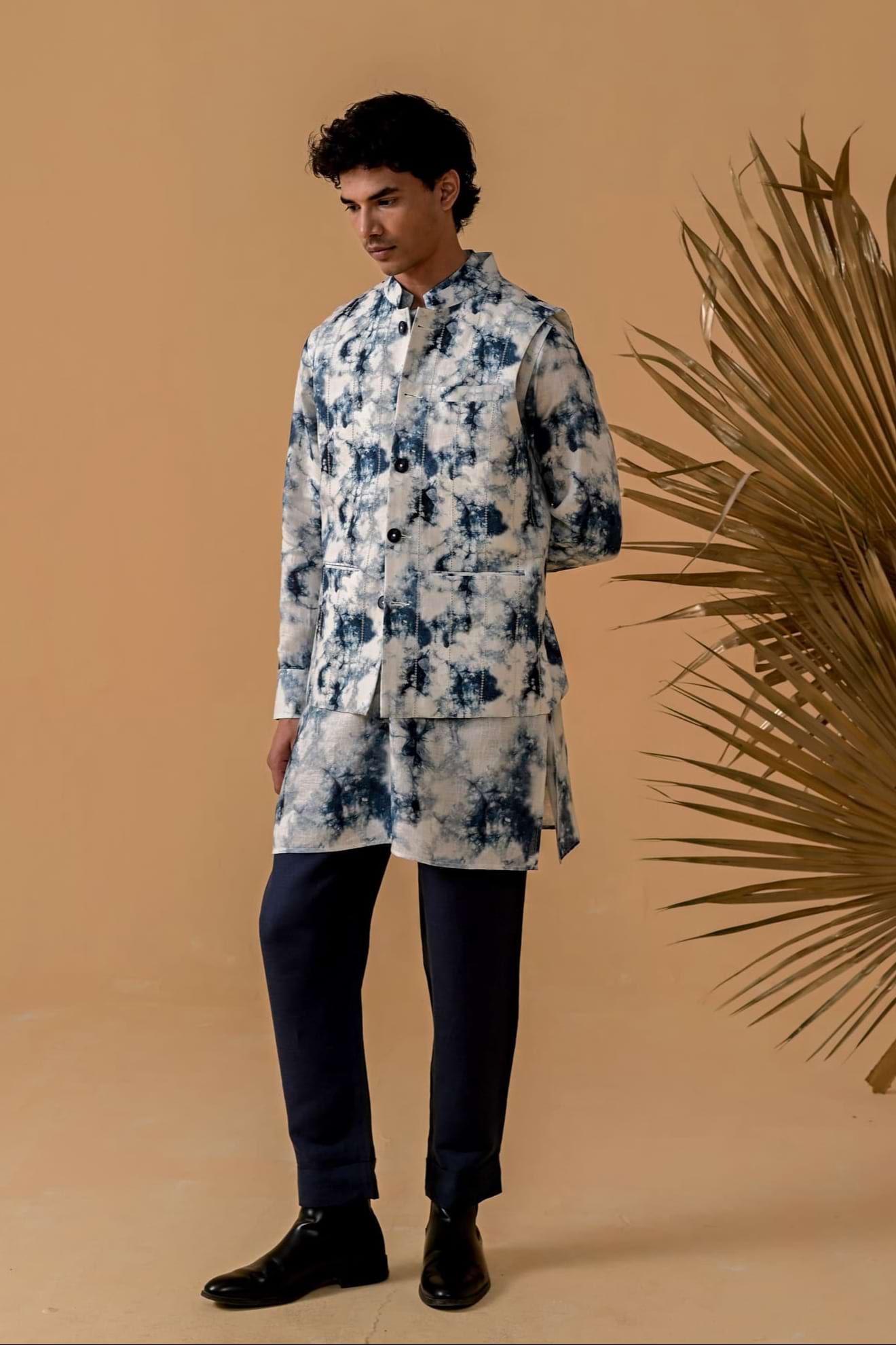 Nawaab Moves Blue Shibori Linen Waistcoat