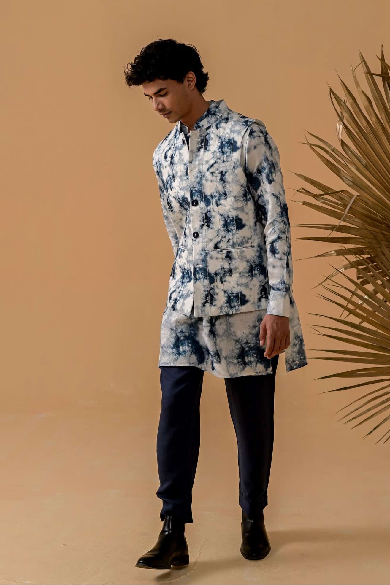 Nawaab Moves Blue Shibori Linen Waistcoat