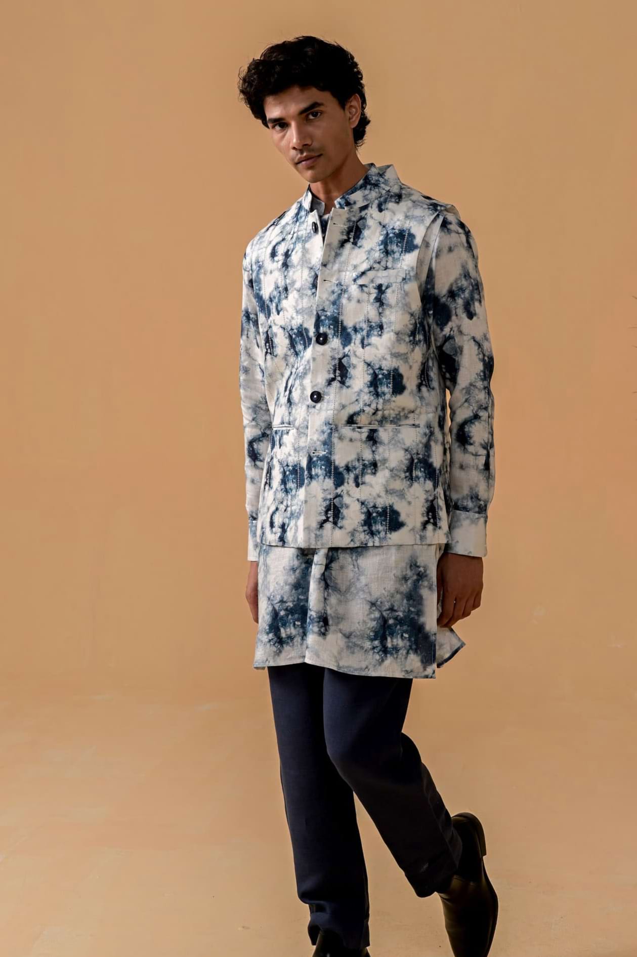 Nawaab Moves Blue Shibori Linen Waistcoat