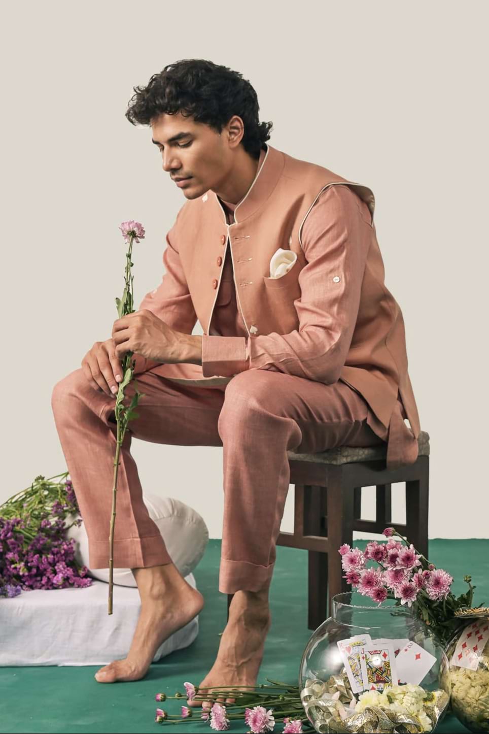 The Royal Rummy Jaipuri Pink Linen Waistcoat