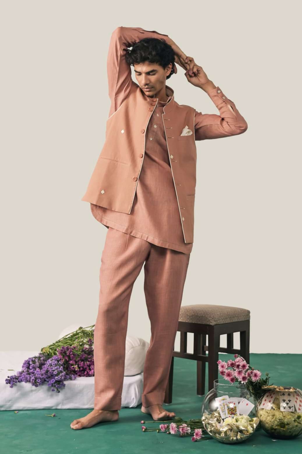 The Royal Rummy Jaipuri Pink Linen Waistcoat