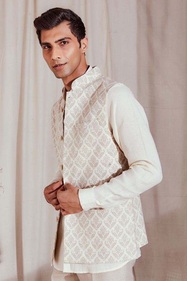 The Heritage - Beige Linen Nehru Jacket for Man | Yellwithus.com