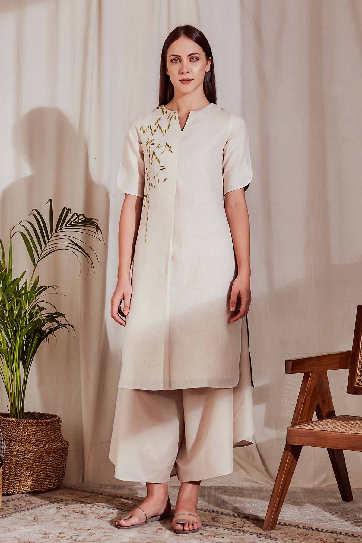 The Mahsa Kurta - Off White Linen Kurta For Ladies | Yellwithus.com