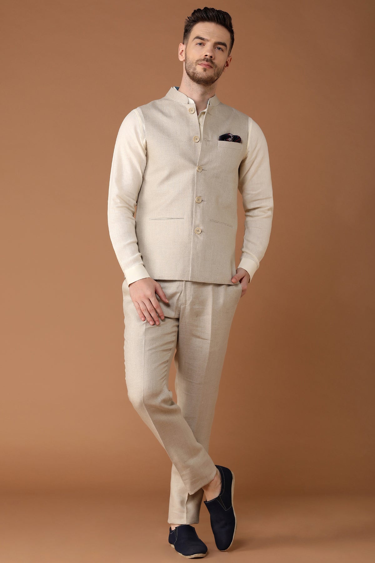 Vintage Natural Herringbone Nehru Jacket for Men - Yellwithus.com