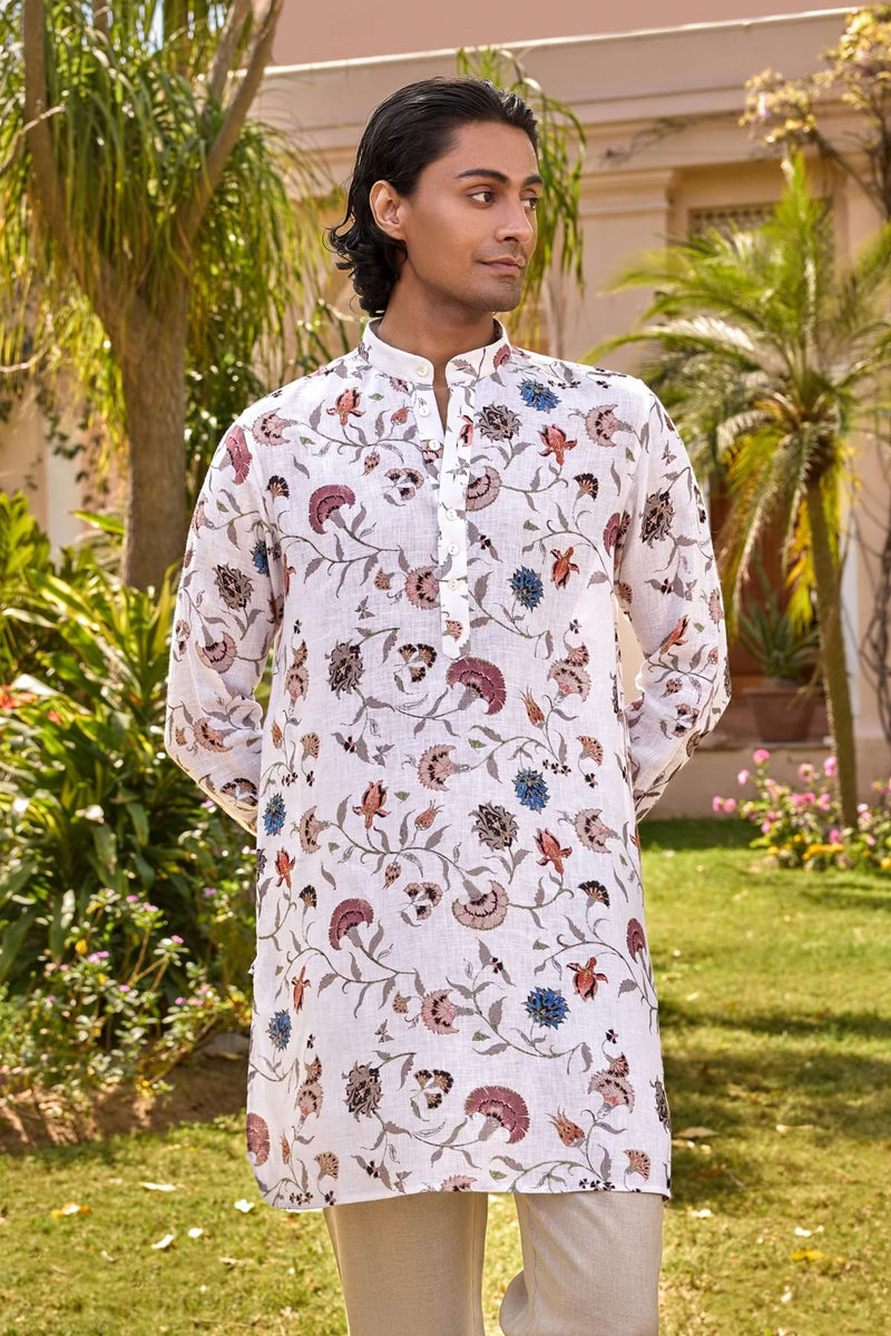 The Mazus White Floral Print Linen Kurta