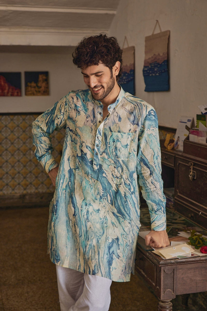 The Lehri Marble Blue Linen Kurta