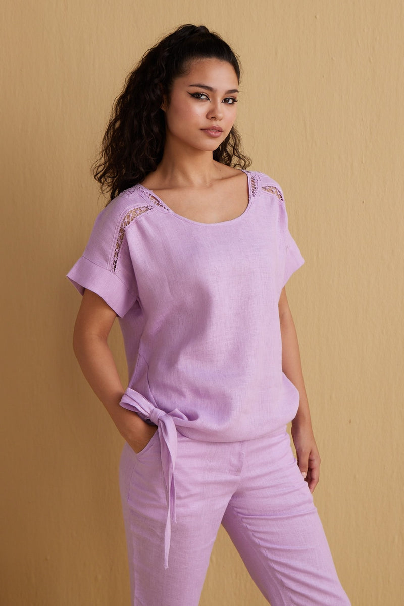 The Nodo Minnie Iris Bloom Handcrafted Linen Top