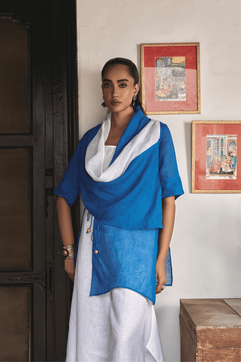 The Raahat Blue Contrast Stripe Gauze Linen Cape (Only Cape)