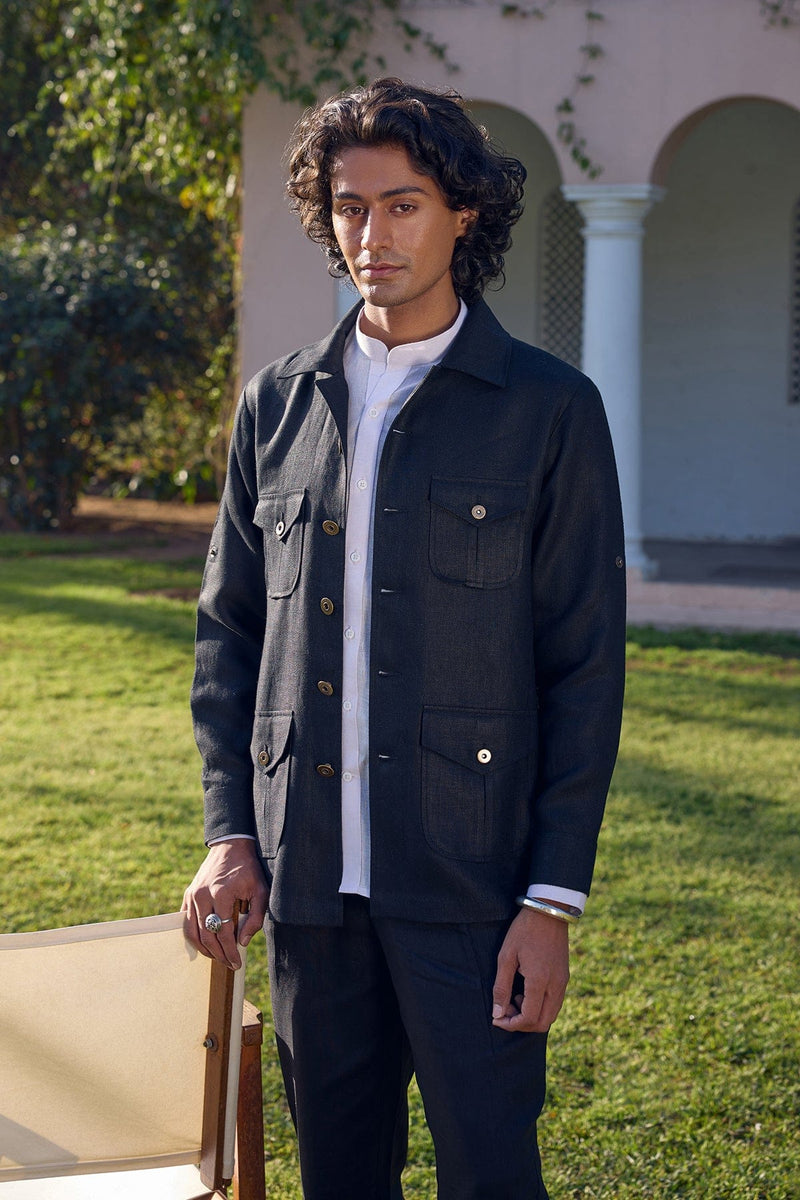 The Leander Black Linen Safari Jacket