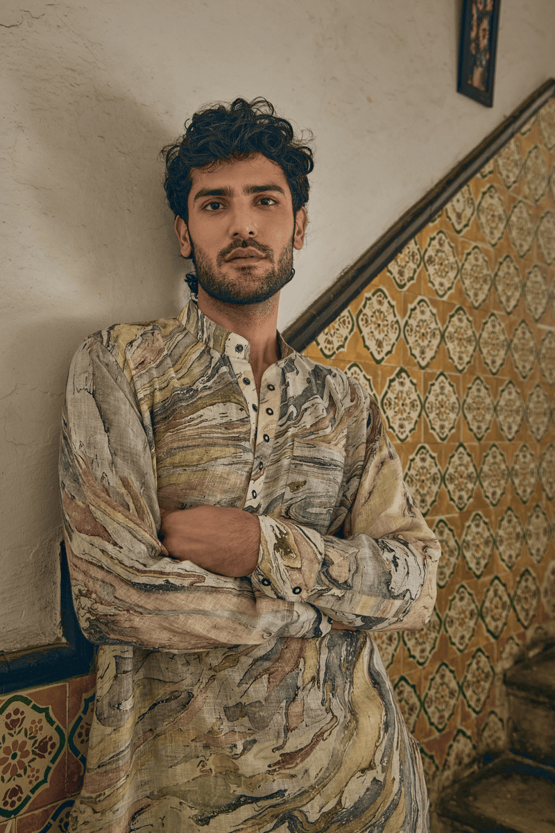 The Lehri Marble Brown Linen Kurta