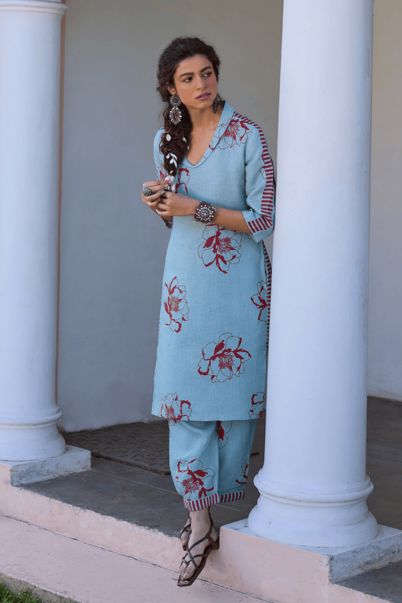 The Katya Linen Kurti Set - Sea Green Print