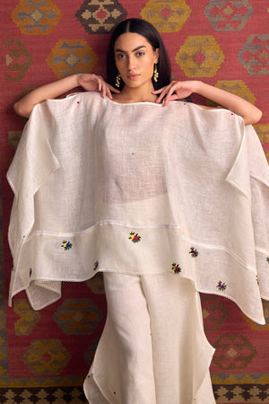 The Pankhuri Off White Hand Embroidered Linen Cape