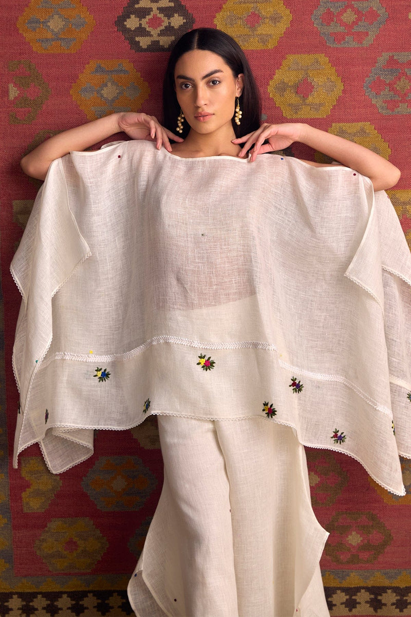 The Pankhuri Off White Hand Embroidered Linen Cape