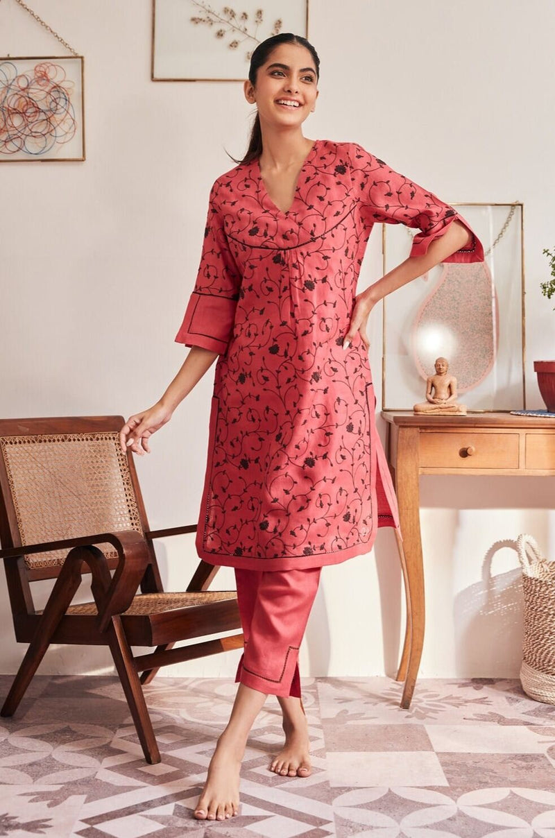 Brush with the Botanical Brown Mogra Linen Kurti