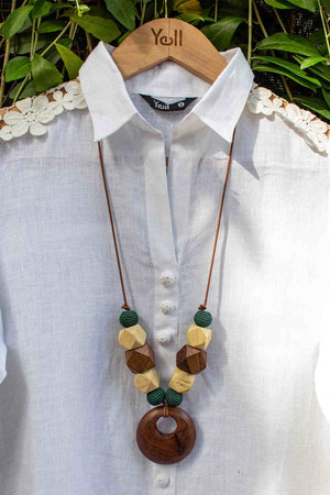Cassia Wooden Ring Beaded Necklace - Green