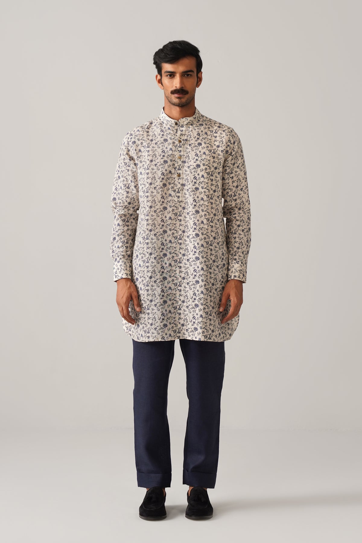 Shehzada Style Blue Floral Linen Kurta