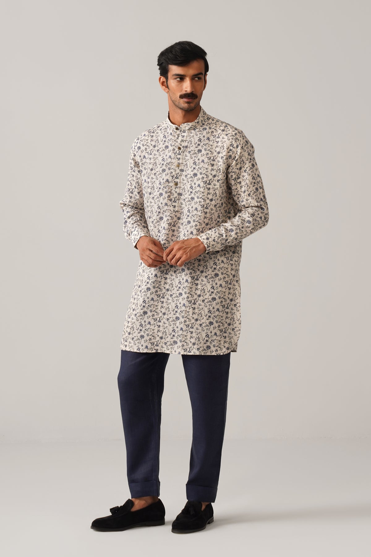 Shehzada Style Blue Floral Linen Kurta