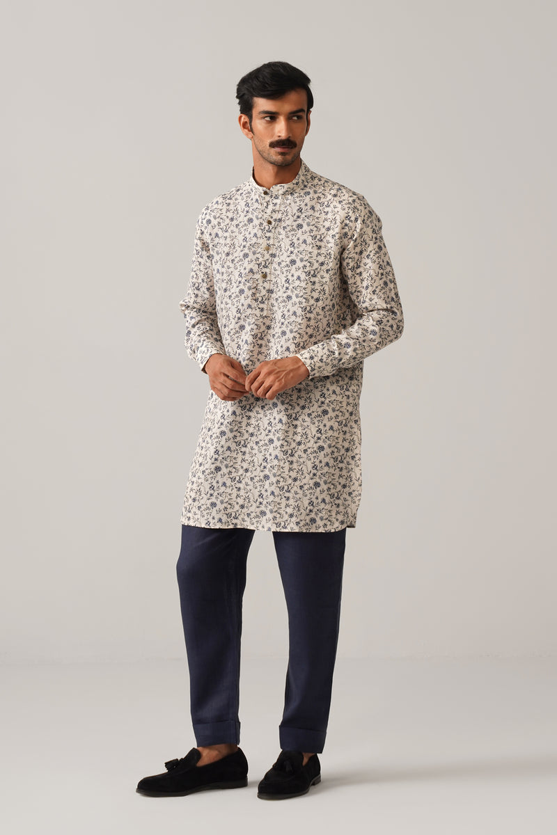 Shehzada Style Blue Floral Linen Kurta