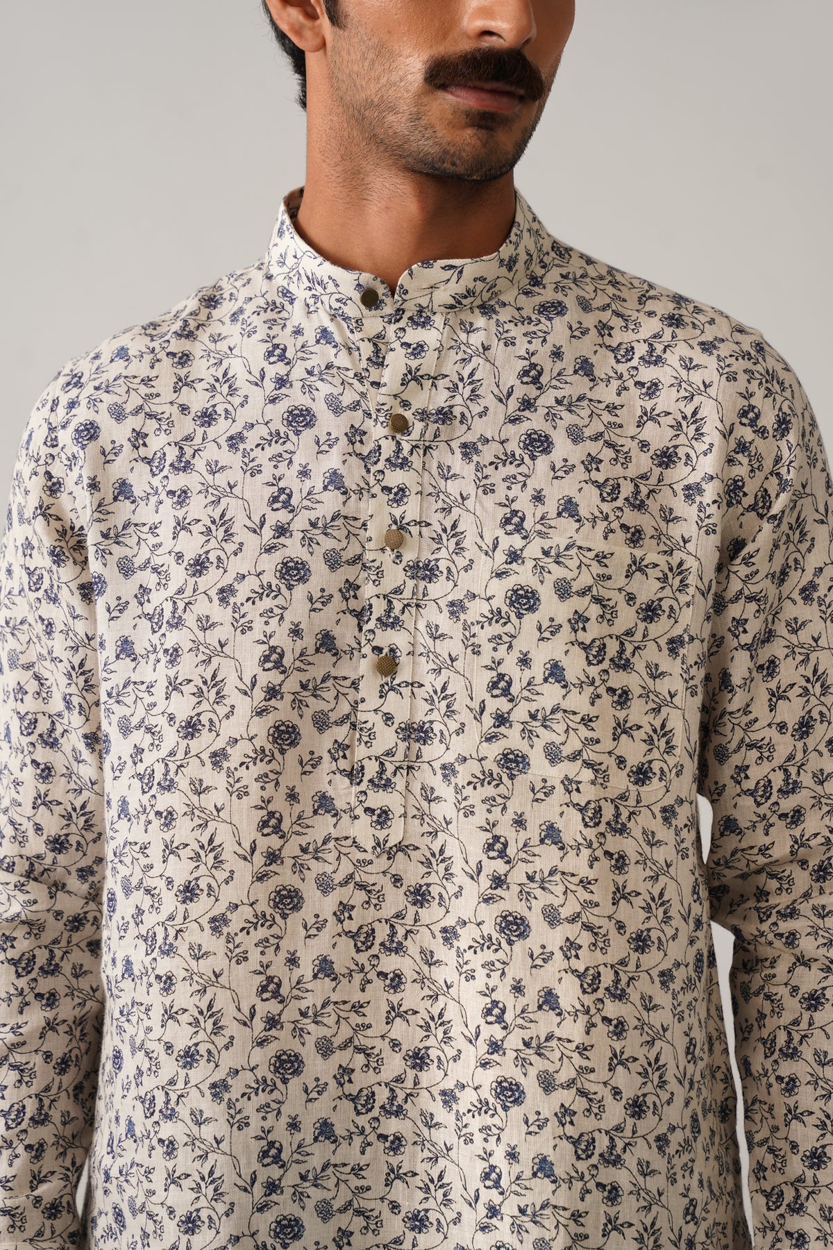 Shehzada Style Blue Floral Linen Kurta