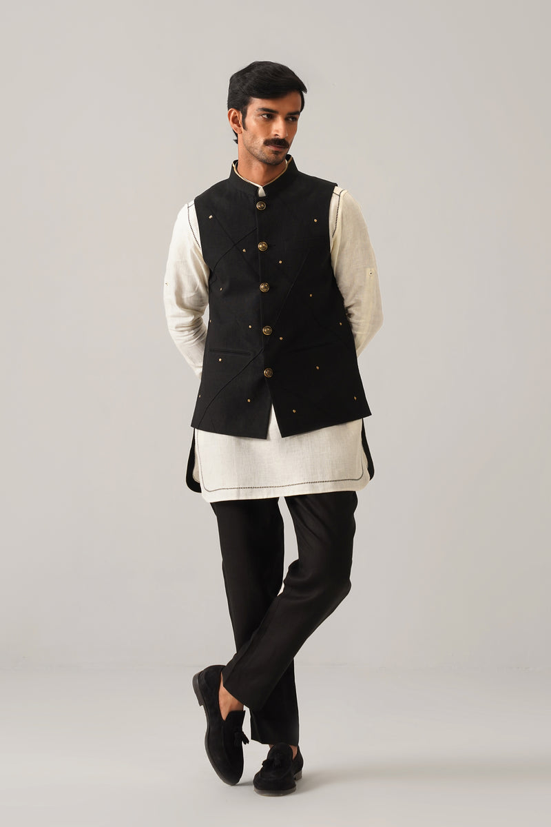The Mehtab Black Linen Nehru Jacket