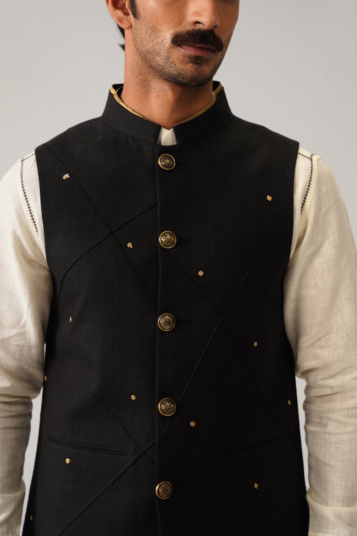 The Mehtab Black Linen Nehru Jacket