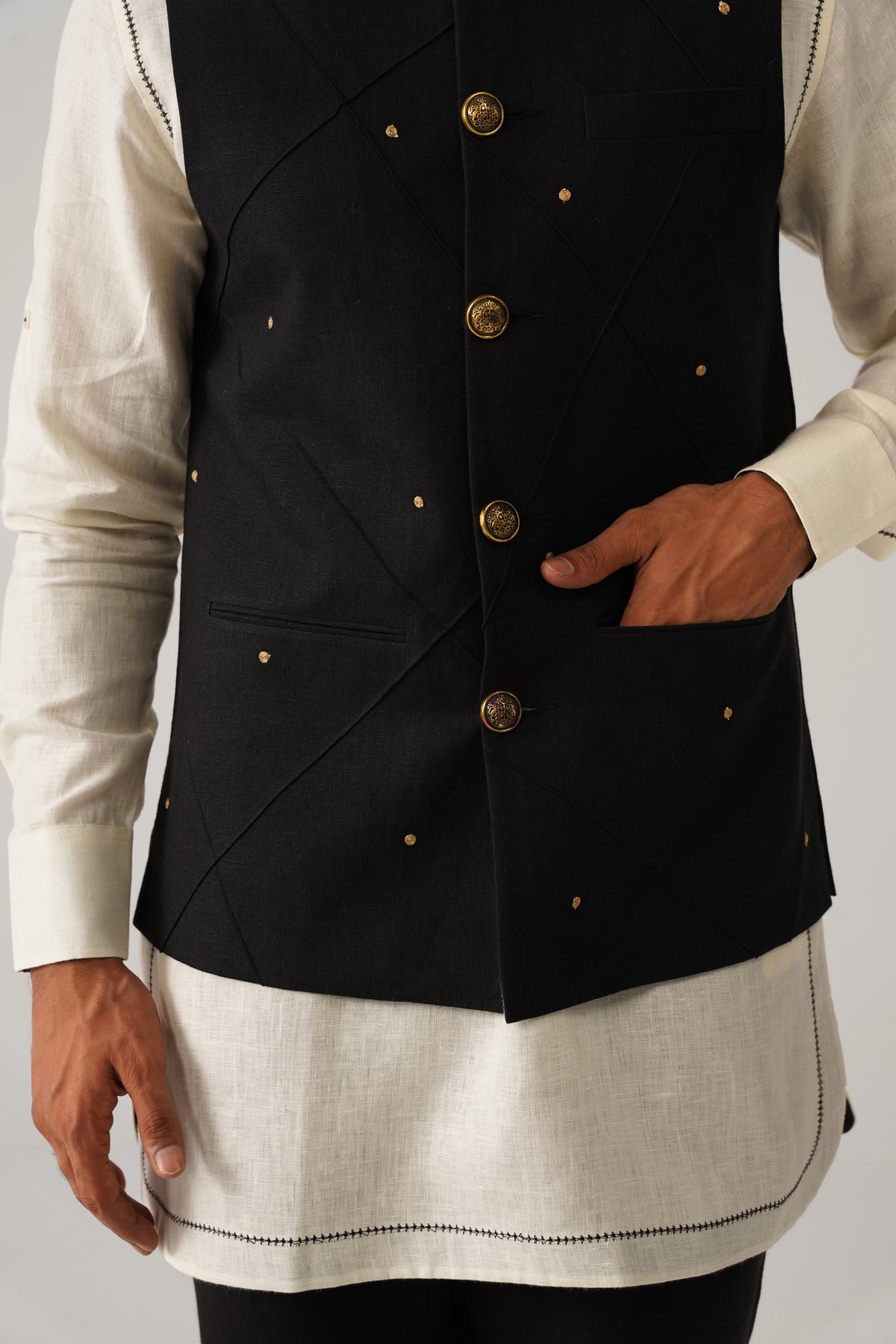 The Mehtab Black Linen Nehru Jacket