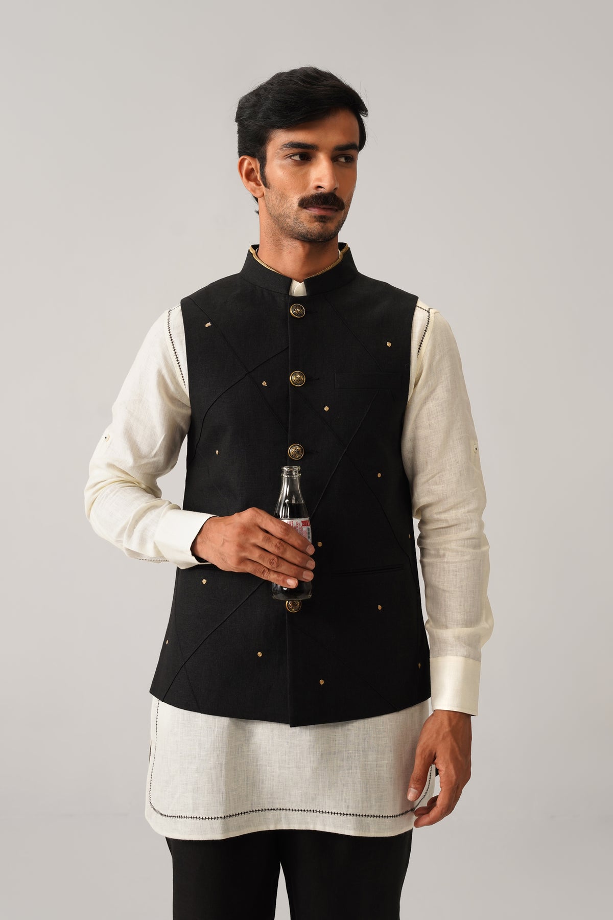 The Mehtab Black Linen Nehru Jacket
