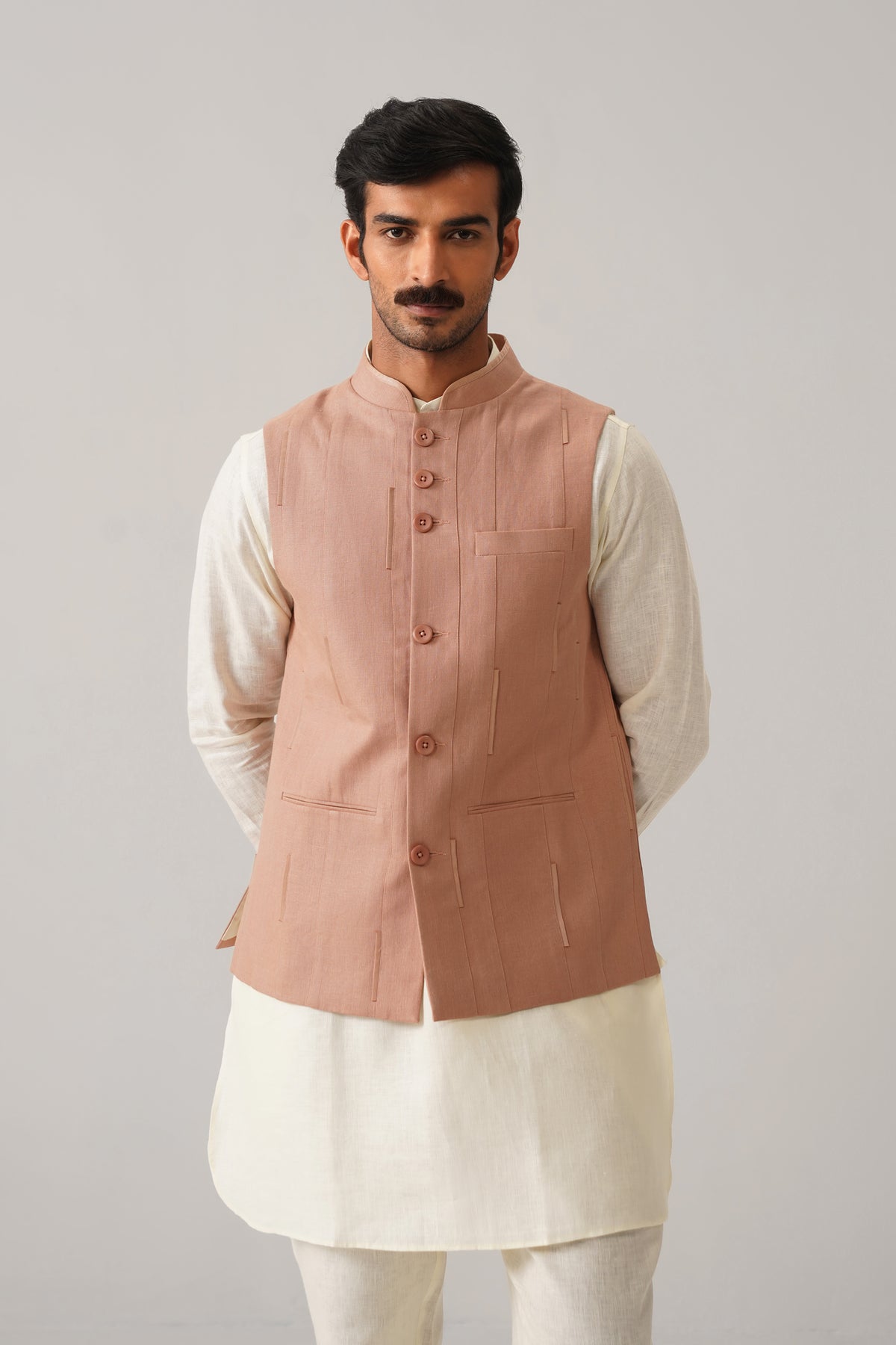 The Darbaar Light Coral Linen Nehru Jacket