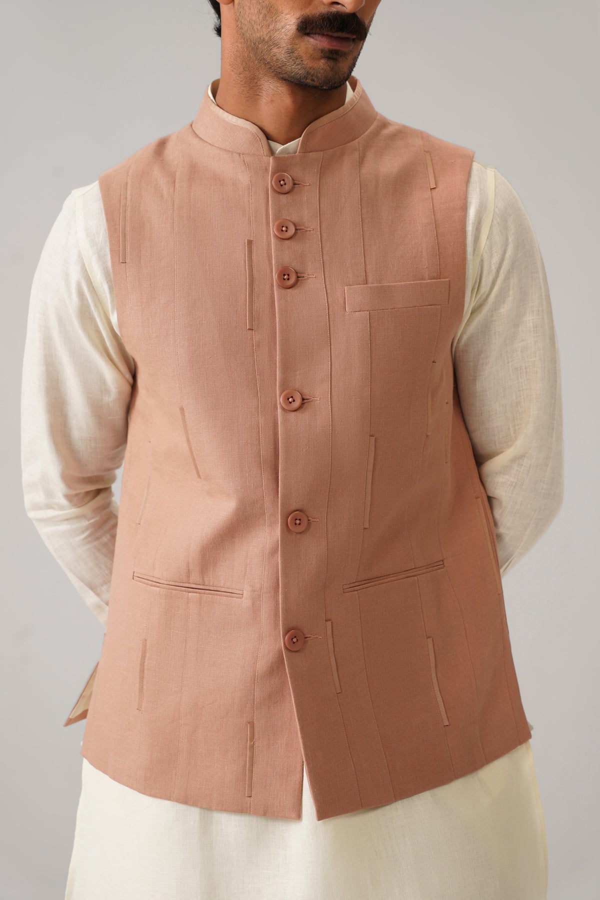 The Darbaar Light Coral Linen Nehru Jacket