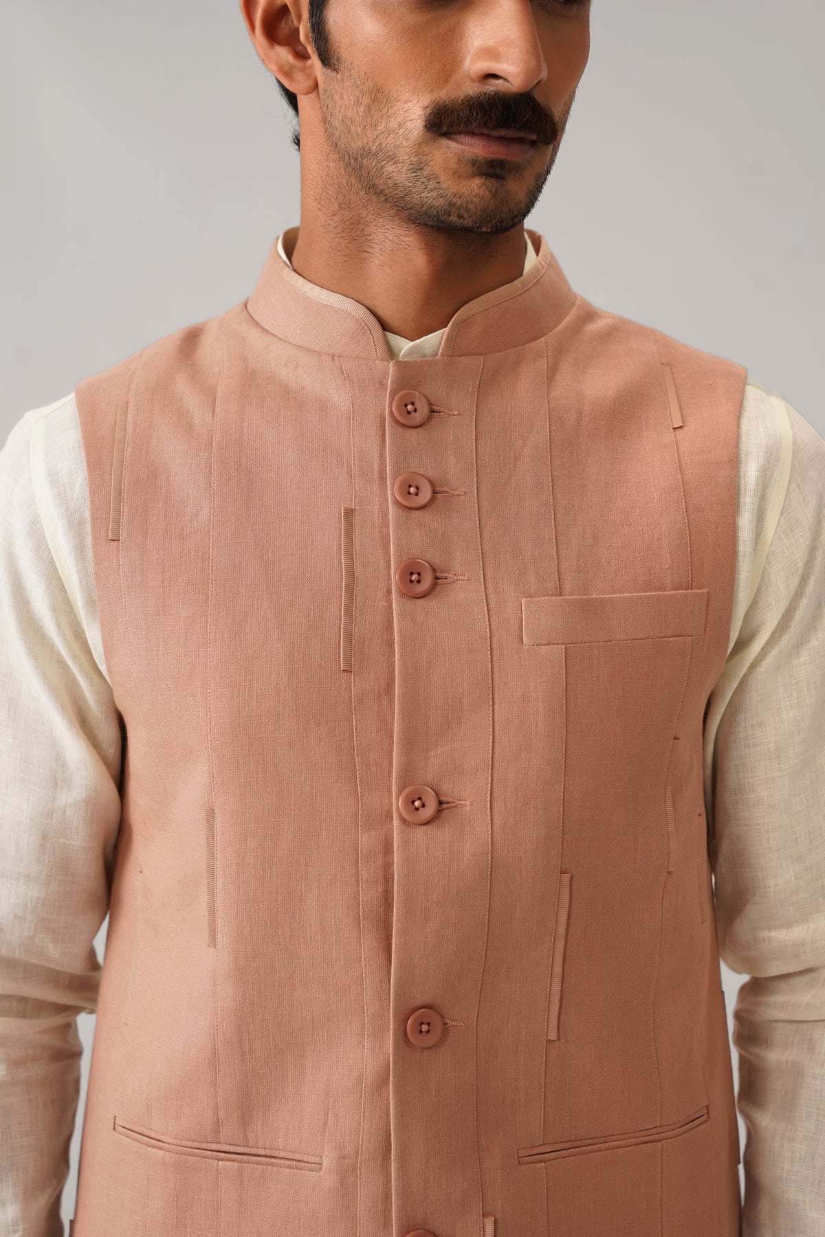 The Darbaar Light Coral Linen Nehru Jacket