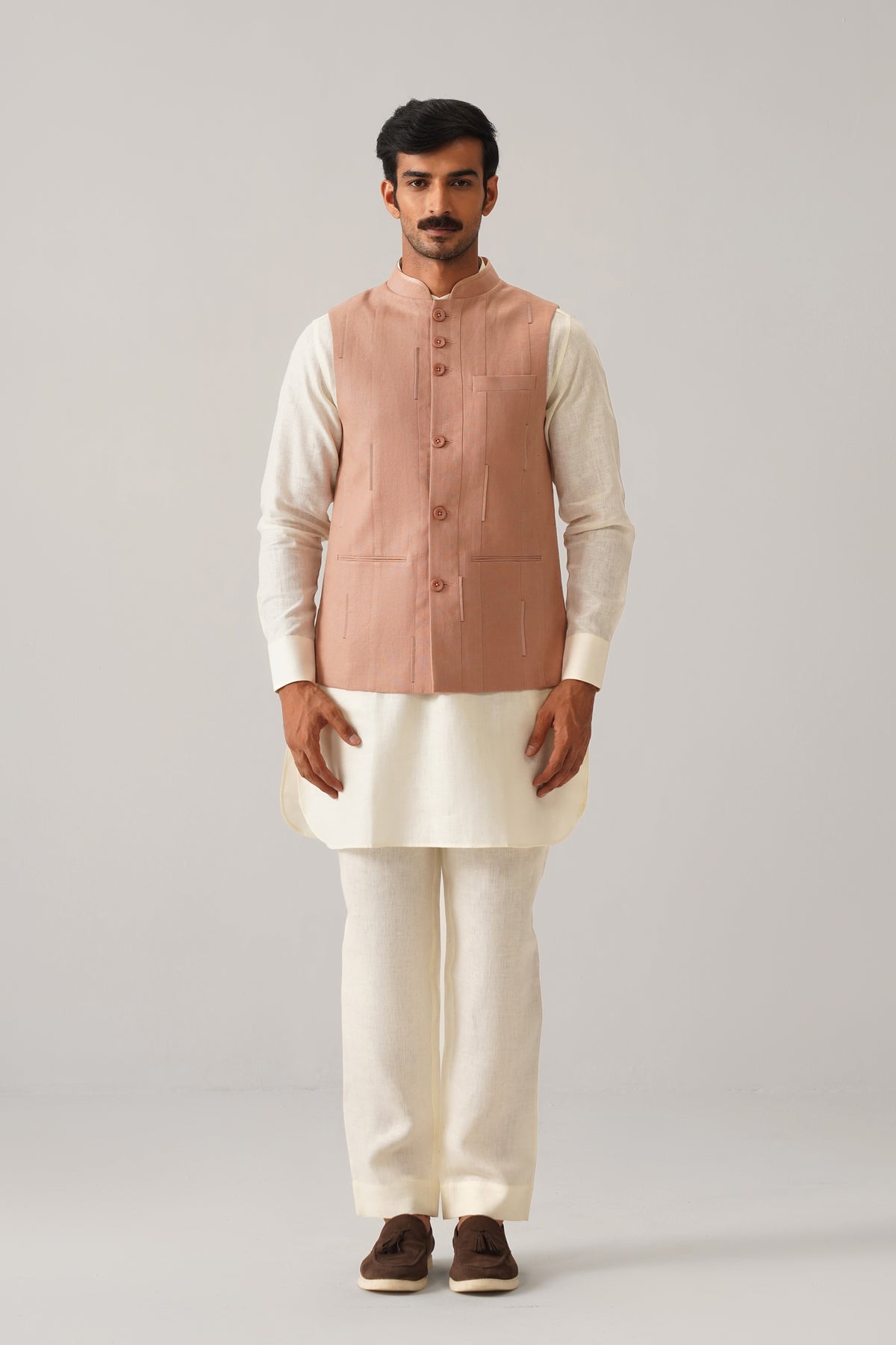 The Darbaar Light Coral Linen Nehru Jacket