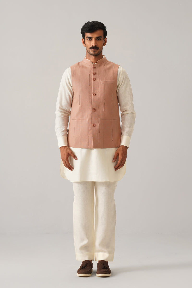 The Darbaar Light Coral Linen Nehru Jacket