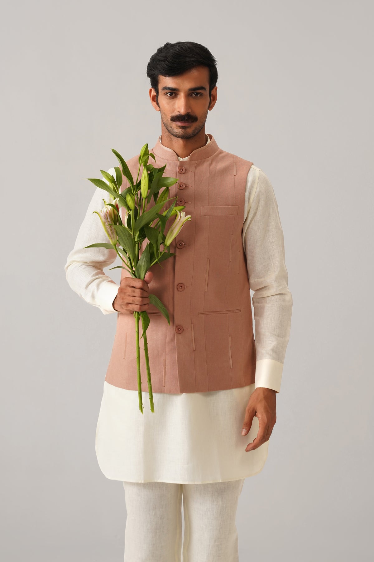 The Darbaar Light Coral Linen Nehru Jacket