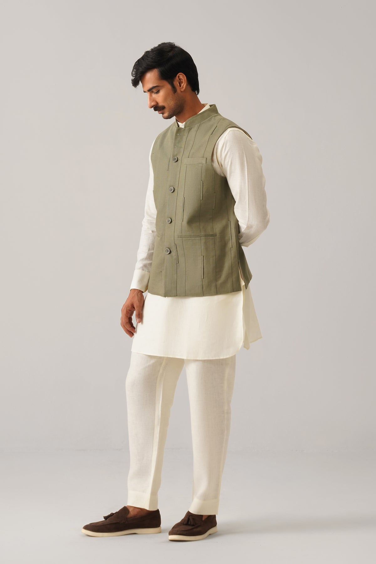 The Darbaar Sage Green Linen Nehru Jacket