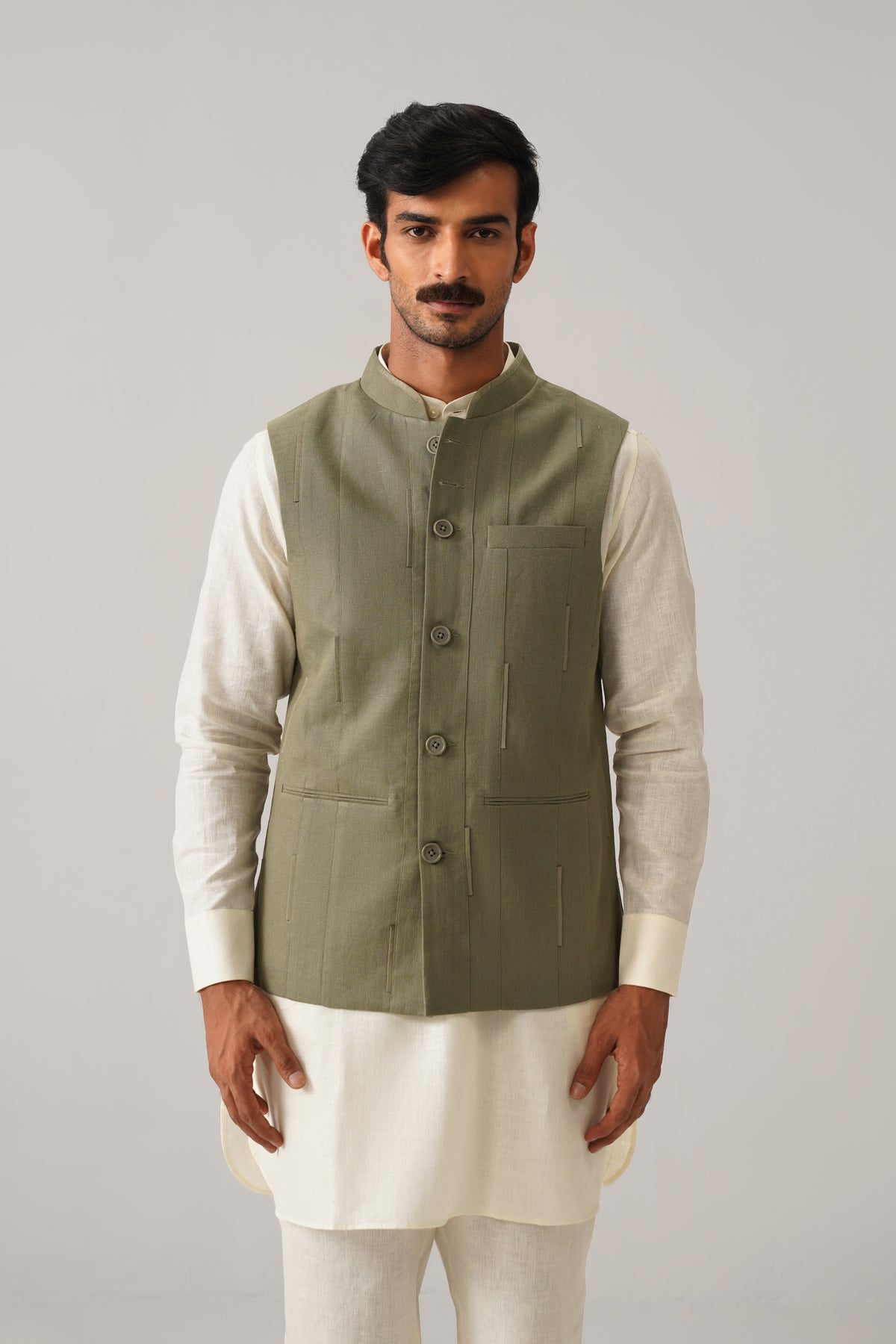 The Darbaar Sage Green Linen Nehru Jacket
