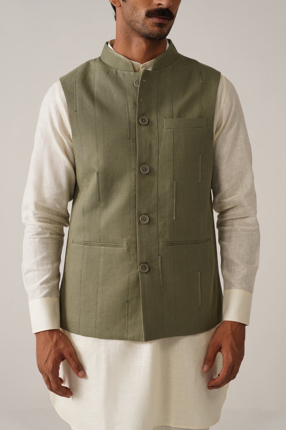 The Darbaar Sage Green Linen Nehru Jacket