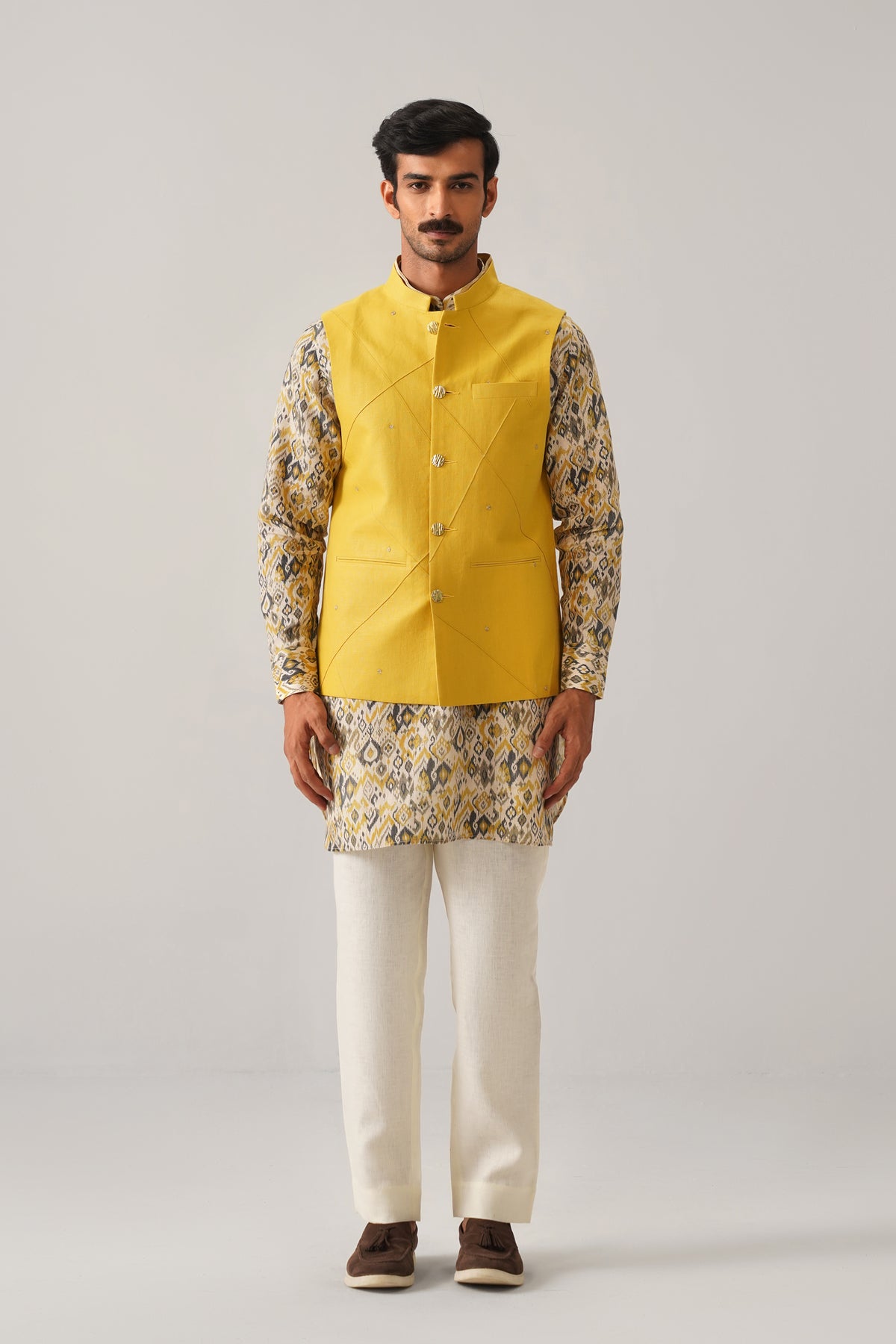 The Mehtab Mustard Linen Nehru Jacket
