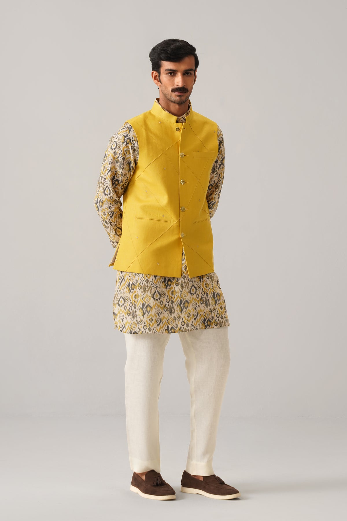 The Mehtab Mustard Linen Nehru Jacket