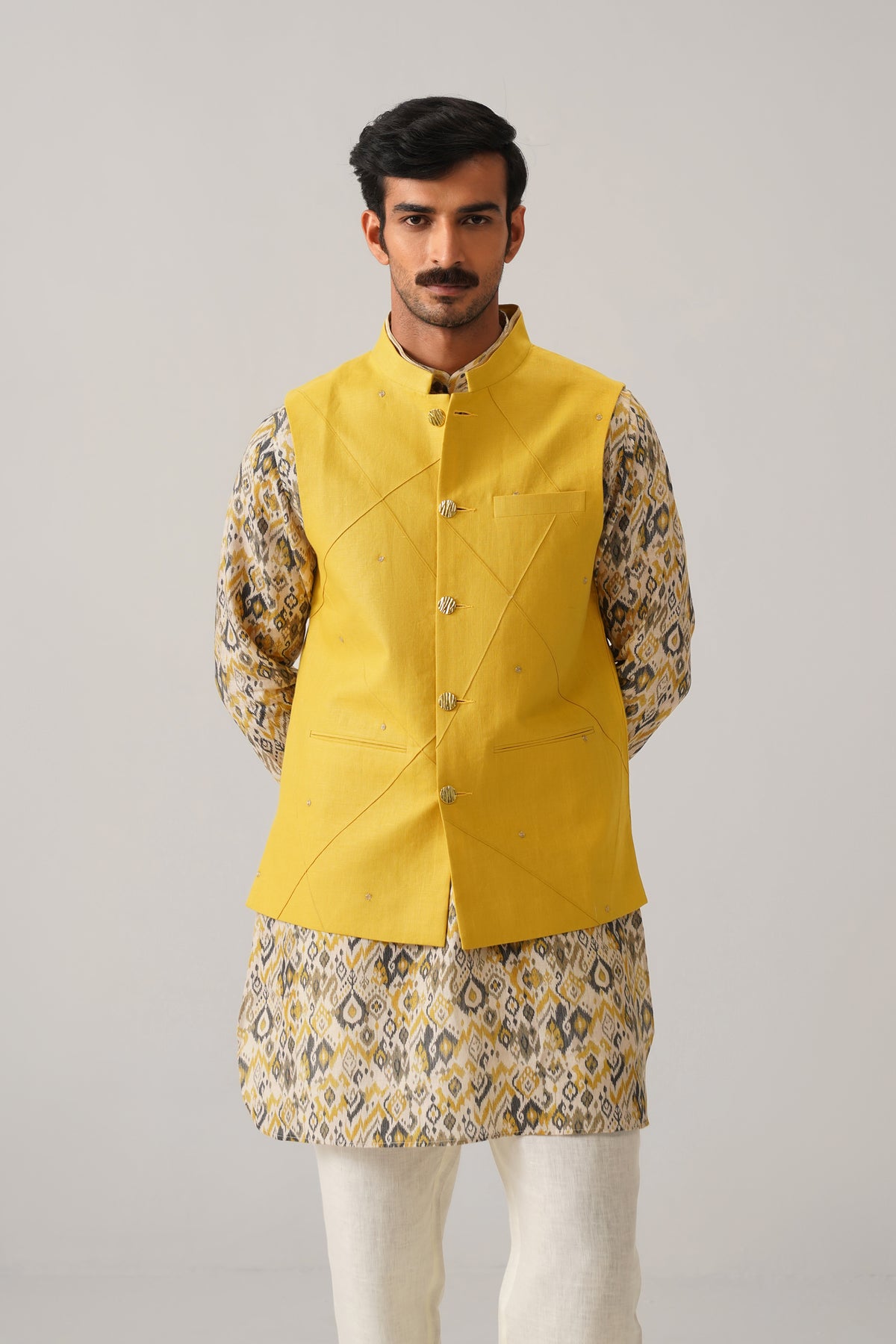 The Mehtab Mustard Linen Nehru Jacket