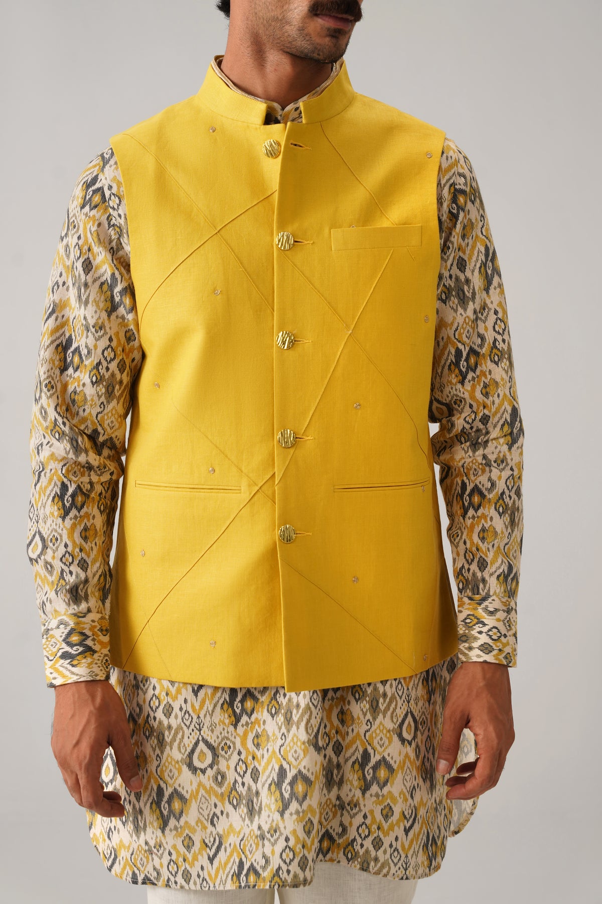 The Mehtab Mustard Linen Nehru Jacket
