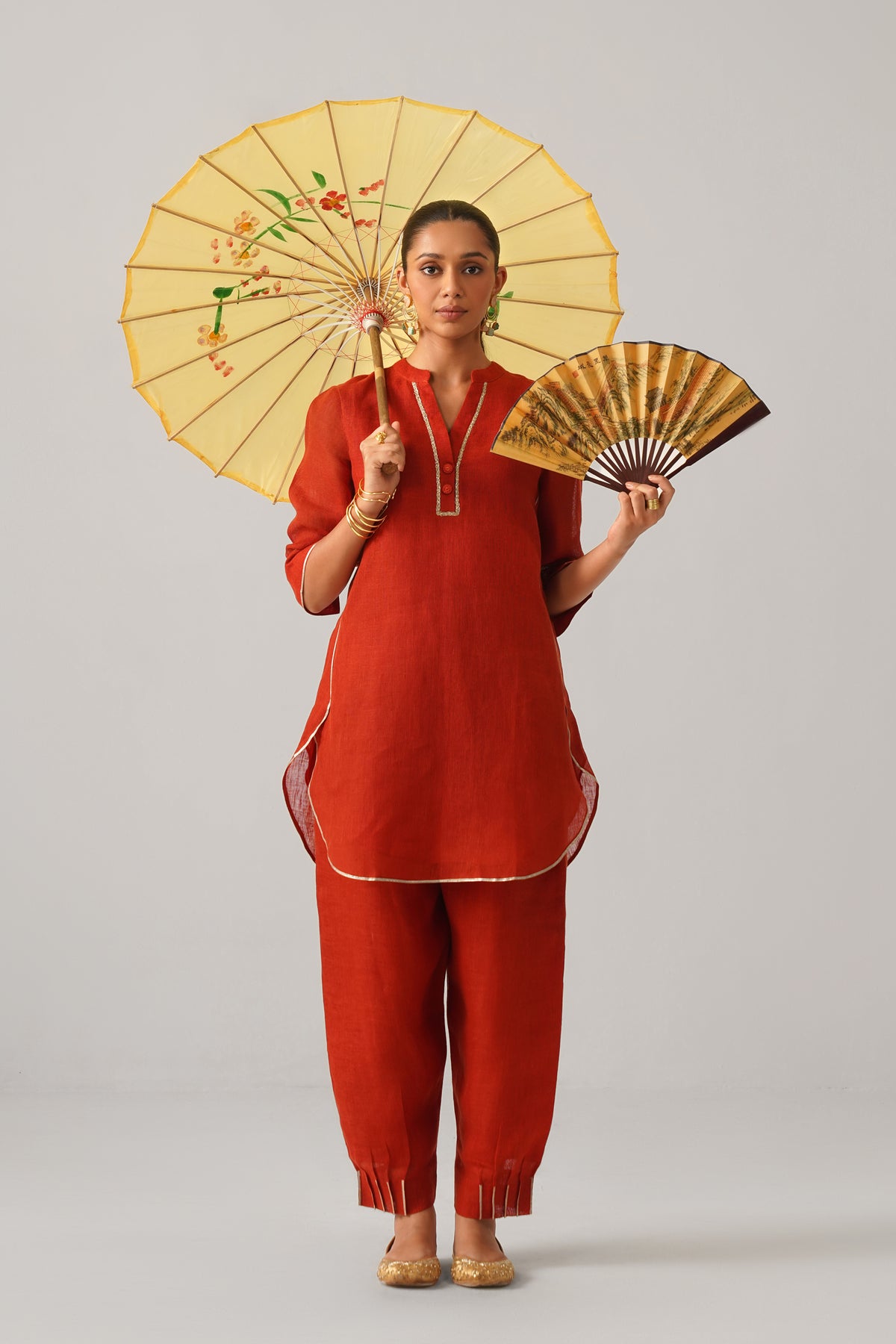 Patola Poise Burnt Orange Gauze Linen Kurta Set