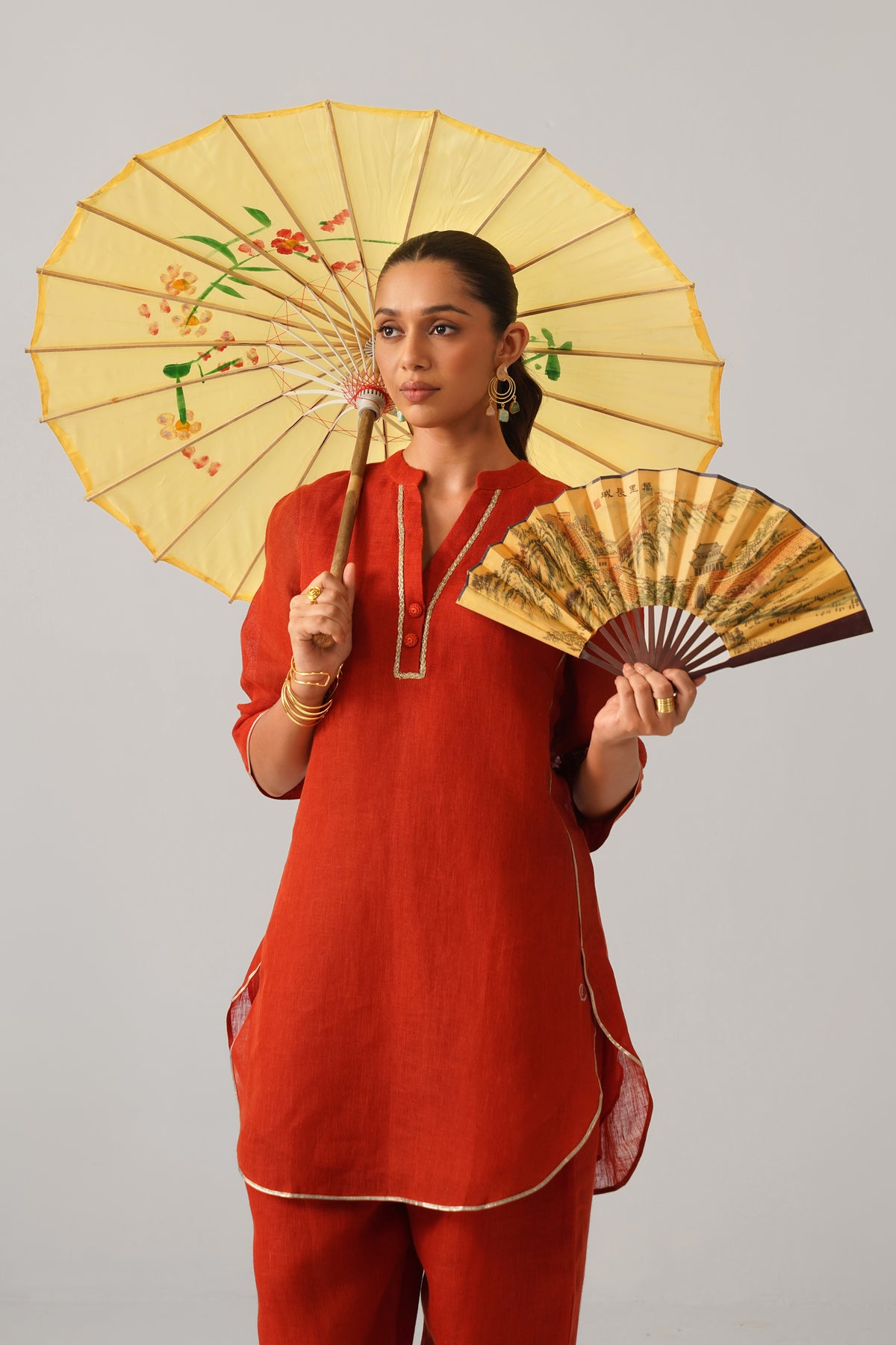 Patola Poise Burnt Orange Gauze Linen Kurta Set