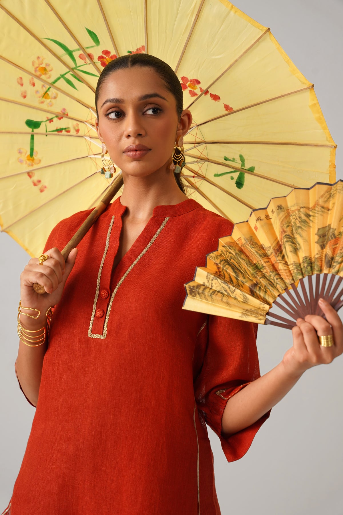 Patola Poise Burnt Orange Gauze Linen Kurta Set