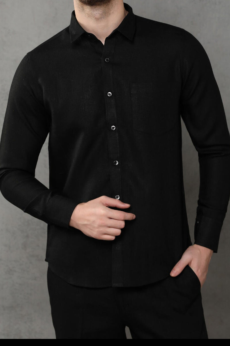 The Extended Collar Jet Black Linen Shirt