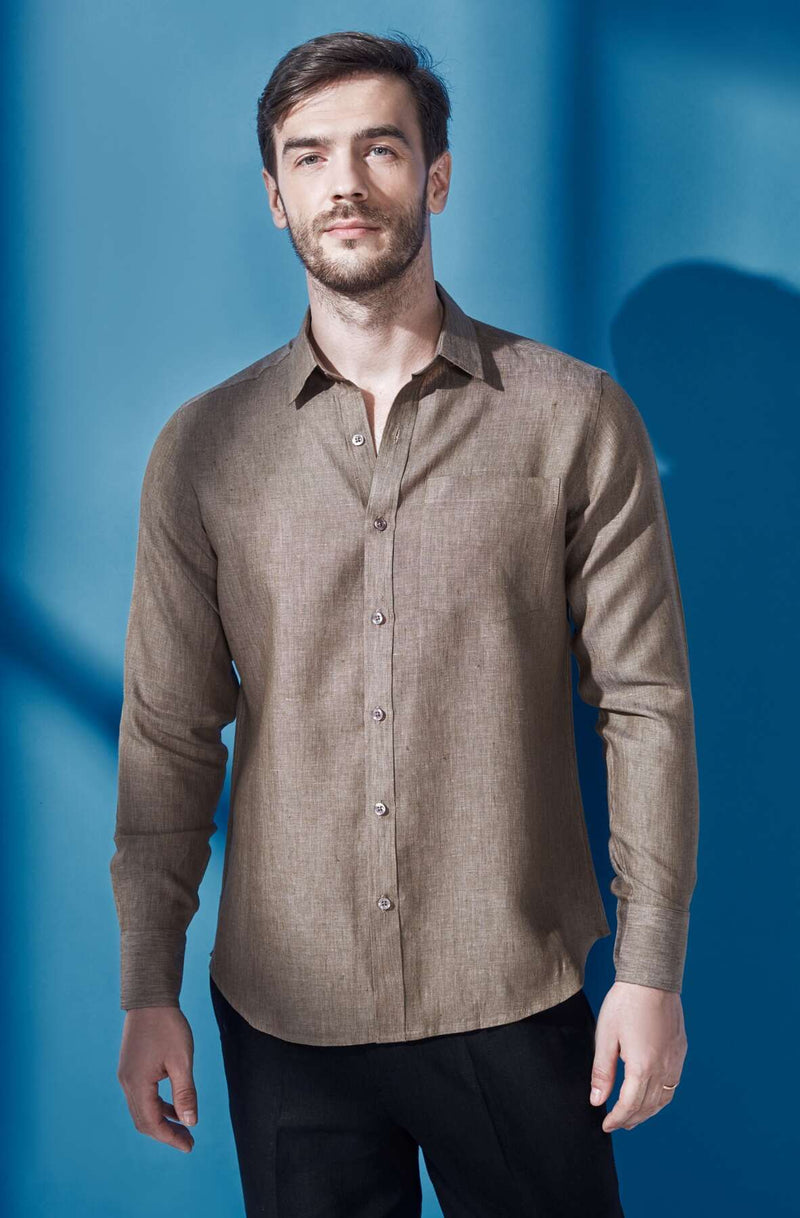 Extended Collar Brown Linen Shirt